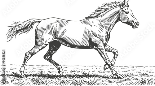 running horse sketch galloping wild animal, detailed nature drawing equine energy and freedom concept