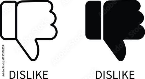 Dislike icon set in outline and solid black style, thumbs down symbol for website navigation, mobile app interface design element, negative reaction, vote button. Vector illustration icon design.