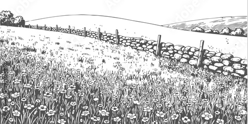 Wildflower meadow with stone fence in countryside landscape, rolling hills and grass field