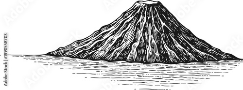 Vintage mountain illustration detailed hand drawn volcanic mountain landscape with water and textured lines