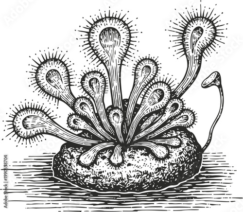 Illustration of a carnivorous sundew plant with sticky tentacles and round leaf base