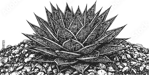 Detailed black and white illustration of a spiky succulent plant on rocky soil