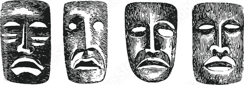 four hand drawn tribal masks with distinct facial expressions in black and white