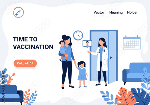 Time to Vaccination Banner Illustration: Mother and Children at the Pediatric Clinic with a Female Doctor for Medical Checkup and Immunization