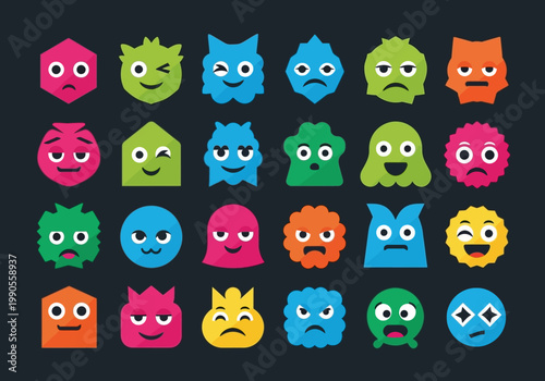 Set of Cute Geometric Monster Faces and Colorful Emoji Icons with Different Expressions for Game Assets and User Interface Design