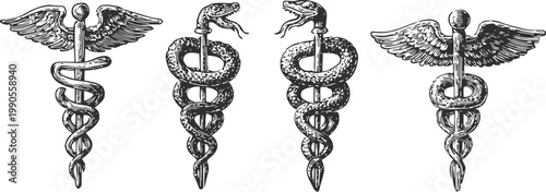 Four vintage medical caduceus and rod of asclepius symbols in black and white line art