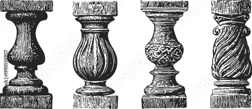 Classic antique wooden balusters set vintage carved pillars with ornate patterns for furniture and stair railing design
