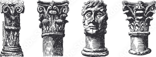 Classical architectural columns and stone head sculptures vintage engraving set