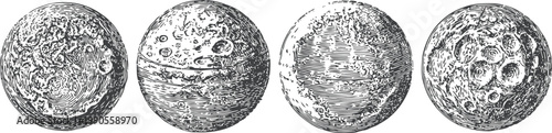 four detailed vintage illustrations of the moon with crater textures and surface features in black and white