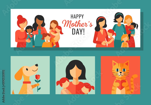 Happy Mother's Day Banner and Social Media Illustration Set with Diverse Families, Children, and Pets