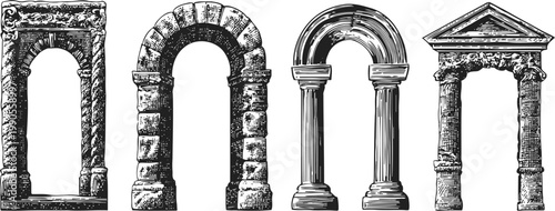 Four ancient architectural arches classic stone, marble, and brick entrances in vintage sketch