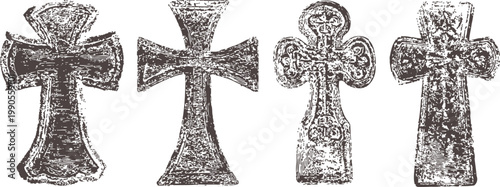 ancient carved stone crosses with weathered texture and intricate designs