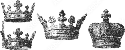 vintage hand drawn royal crowns collection with detailed ornate designs and antique
