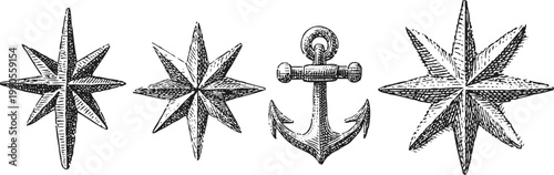 vintage nautical stars and anchor set maritime compass rose and ship anchor illustrations in classic engraving