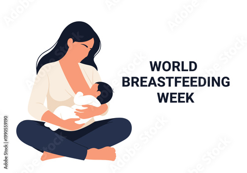 World Breastfeeding Week vector illustration of a mother nursing her newborn baby, celebrating maternal health and bonding on white background.