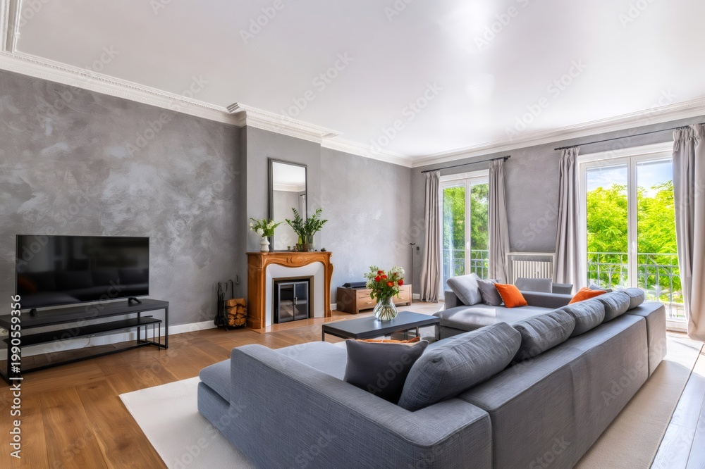 Naklejka premium Spacious modern living room interior with contemporary decor