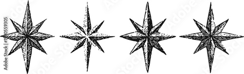 vintage compass rose illustrations set with detailed hand drawn nautical star designs