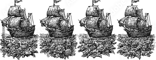Vintage sailing ship with detailed sails and hull illustration in classic black ink