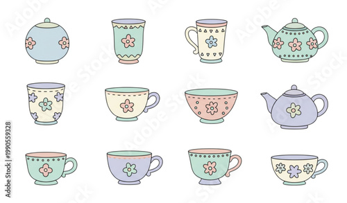 Cute tea cups and teapot vector set with decorative dishes in flat cartoon style isolated on white background