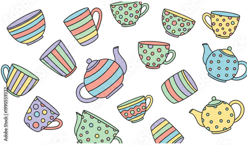 Colorful doodle tea cups and teapots with playful patterns hand drawn cartoon dish set vector illustration