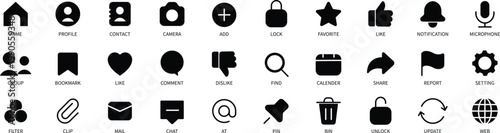 Social media interface icons set, solid black glyph symbols, vector collection for website user interface, mobile application, digital communication, networking, and web navigation design
