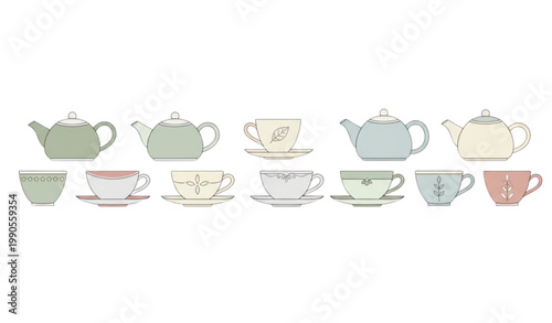 Minimal tea cup and teapot collection with elegant shapes and soft colors modern flat vector set isolated on white
