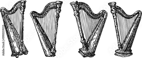 vintage harp illustrations set classical musical instruments with strings and decorative frames detailed black and white line art sketches
