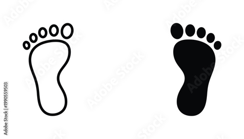 Minimalist human footprint icon set featuring outline and solid black silhouette styles for tracking and identification design projects