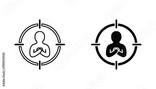 Target audience and focus concept icon set featuring a person silhouette inside a crosshair scope graphic