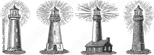Collection of vintage lighthouse illustrations with radiant beams shining, nautical maritime symbols