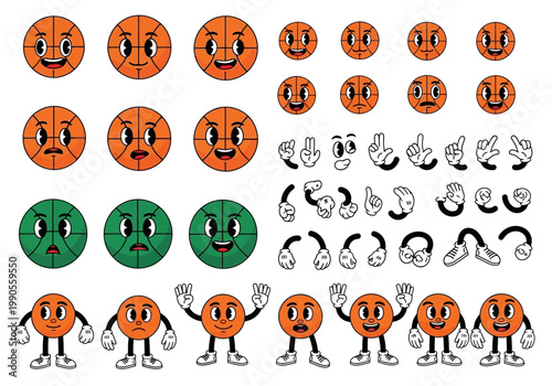 Retro Basketball Character Creator Kit, Vintage 1930s Cartoon Mascot Assets, Rubber Hose Style Illustration
