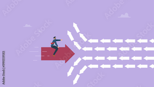 Businessman riding red arrow breaking the order. Make better decisions concept.