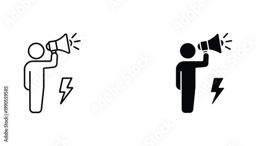 Person speaking into megaphone icon set with lightning flash symbol representing urgent public announcement and viral marketing vector design