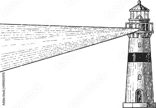 Vintage lighthouse with a strong beam of light shining from the top tower in black and white sketch