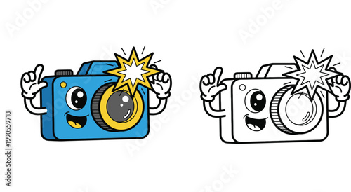 Happy Camera Character Vector Illustration in Color and Outline Versions for Mascot Design and Kids Coloring Page
