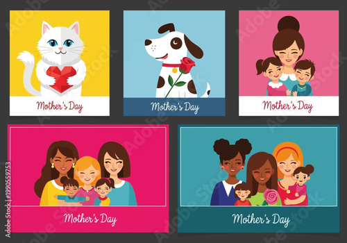 Mother's Day Greeting Card Collection with Diverse Families, Cute Pets holding Heart and Rose, and Happy Mothers with Children Flat Vector Illustrations
