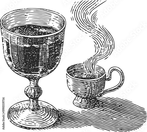 Vintage illustration of a wine glass and steaming coffee cup on a flat surface