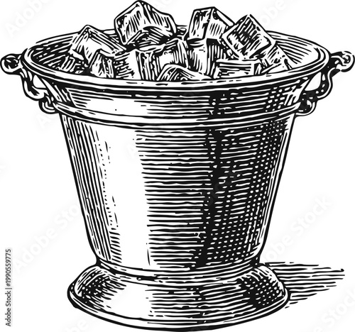 Vintage ice bucket filled with ice cubes, metal chilled container illustration