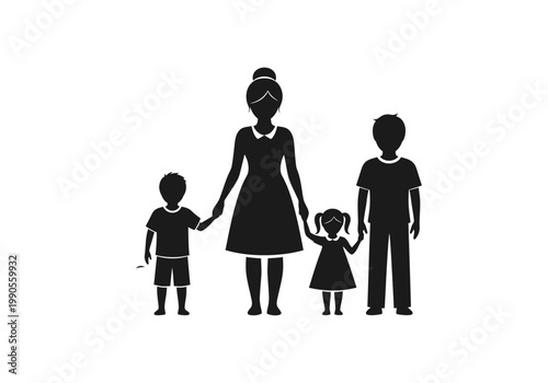 Single Mother with Three Children Silhouette Vector Illustration. Family Group with Two Sons and a Daughter Icon.