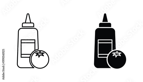 Ketchup bottle with tomato icon for food industry and restaurant menu vector set