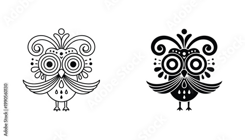 Decorative owl illustration with ornate patterns in black and white vector art style