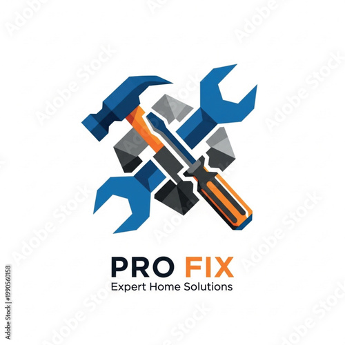 Professional home repair and maintenance service logo featuring essential tools like a hammer, screwdriver, and wrenches, symbolizing reliable solutions