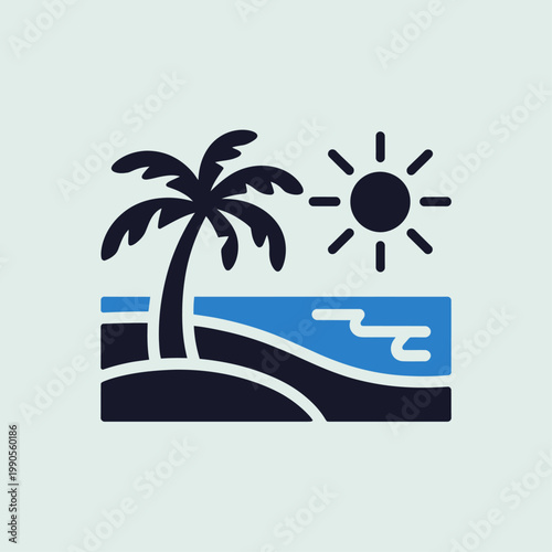 Stylized graphic depicting a tranquil summer beach scene, complete with a swaying palm tree, glistening sea, and shining sun, ideal for travel and relaxation themes