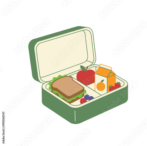 Open green lunchbox filled with healthy sandwich apple orange juice and fresh berries vector design