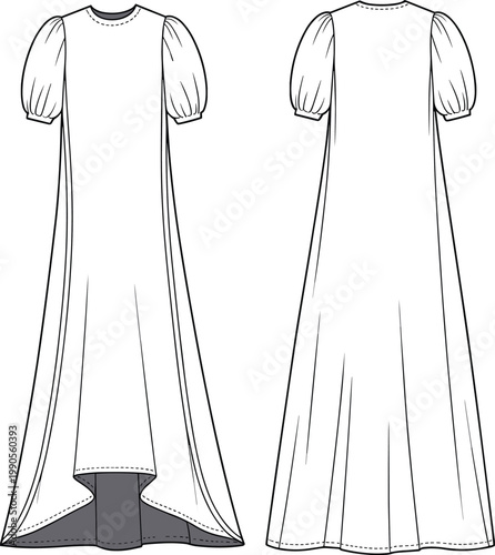 Elegant puff sleeve maxi dress flat vector front back fashion illustration design