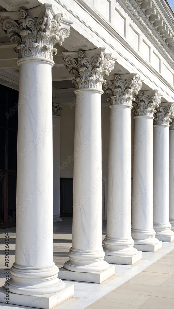 Obraz premium Row of white marble columns with ornate Corinthian capitals against light sky and dark shadow