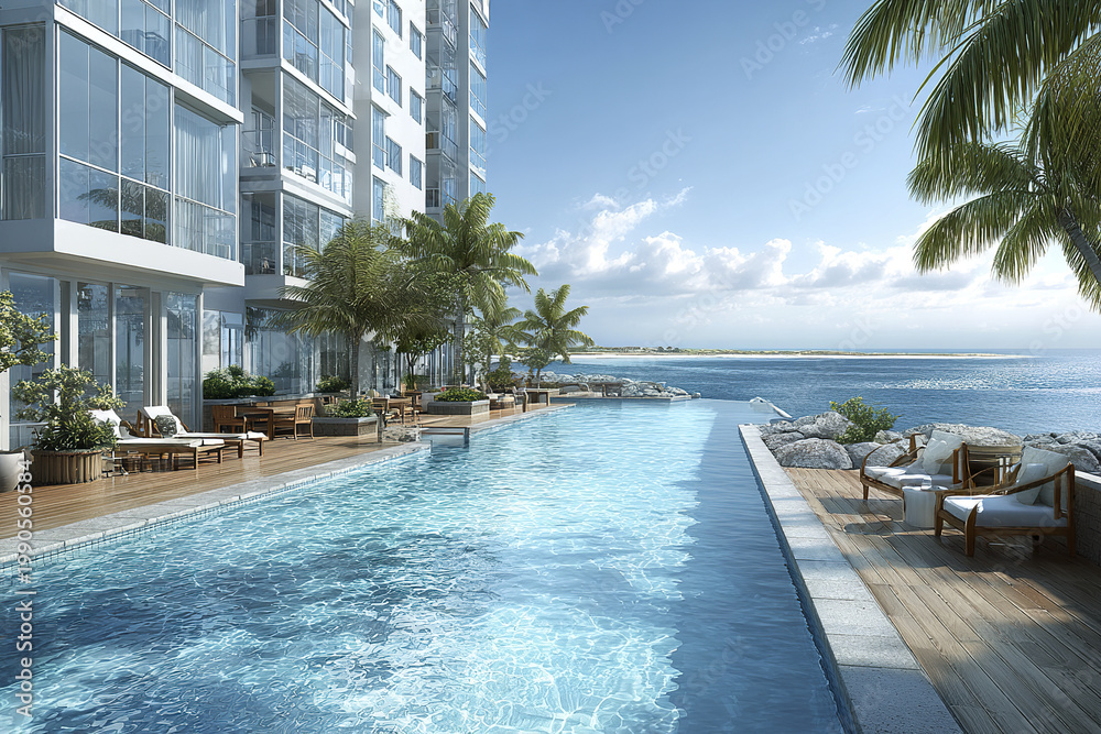 Fototapeta premium Exclusive waterfront condominium pool with clear blue water, surrounded by palm trees and modern lounge chairs, offering serene ocean view under bright sky