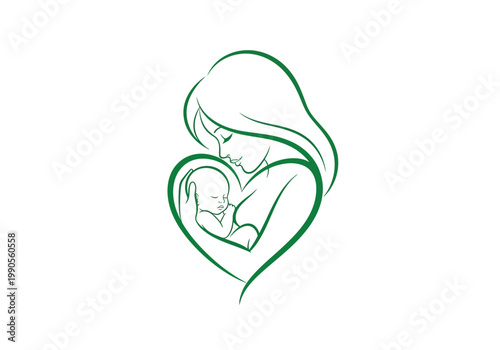 Mother Cradling Baby in Heart Shape Line Art Illustration - Green Maternity and Newborn Love Symbol Vector