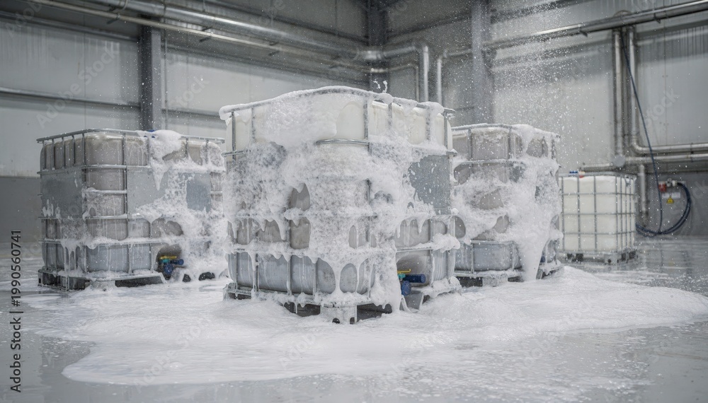 Naklejka premium Detergent foam covers drums and IBC containers in a medium shot of a thorough cleaning process focusing on safe refilling preparation and hygiene.