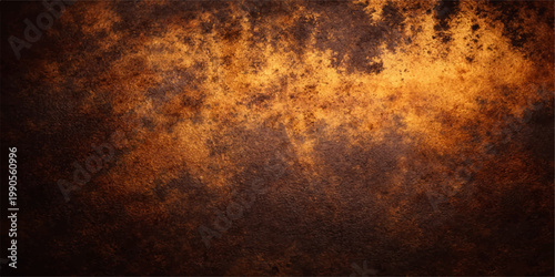 A dark aged texture of rusty metal featuring a vintage grunge pattern with dirty brown and orange tones over a weathered antique wall backdrop